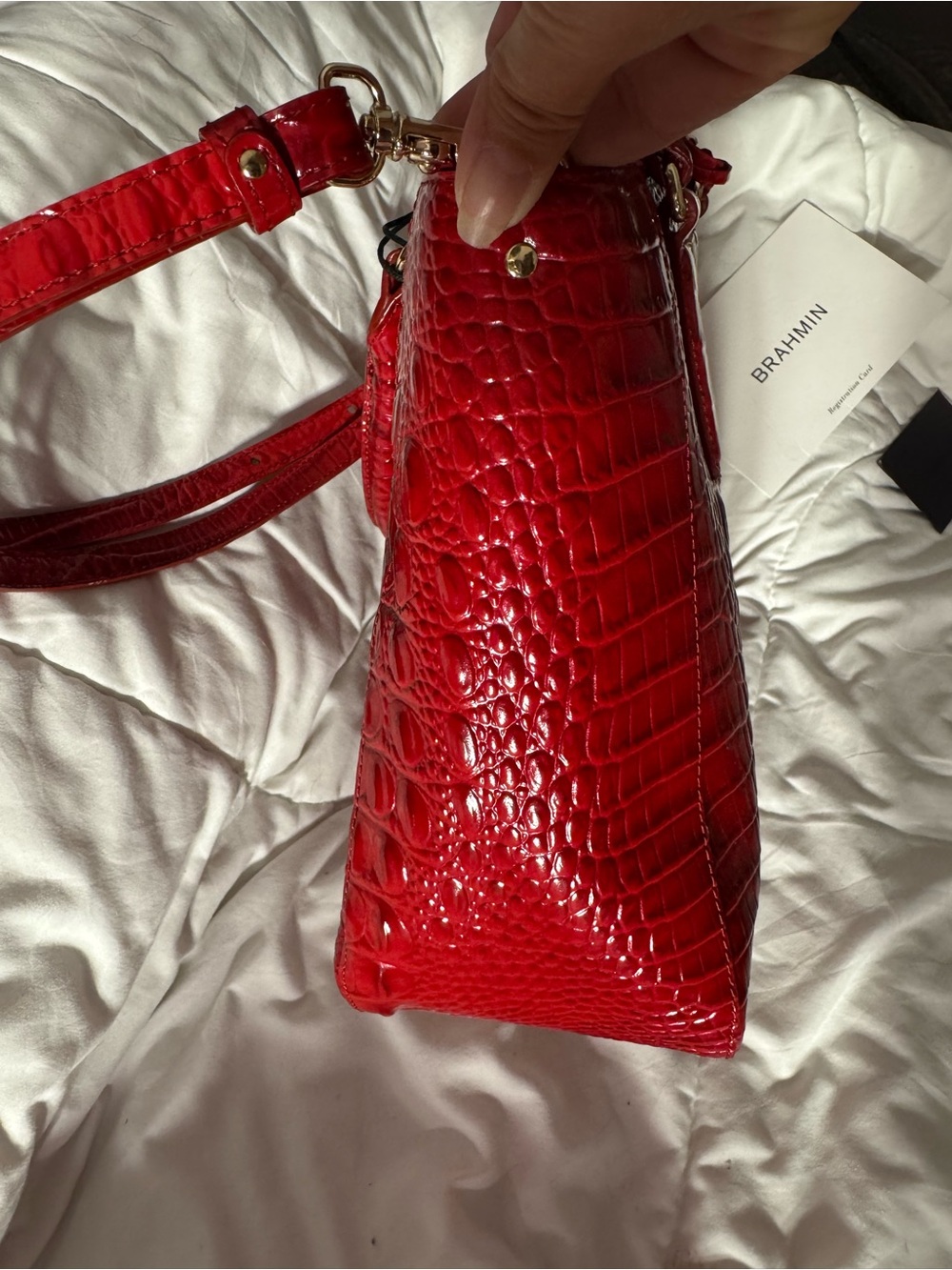 Brahmin Glossy Red Croc-Embossed Satchel with Gold Accents - Picture 5 of 6